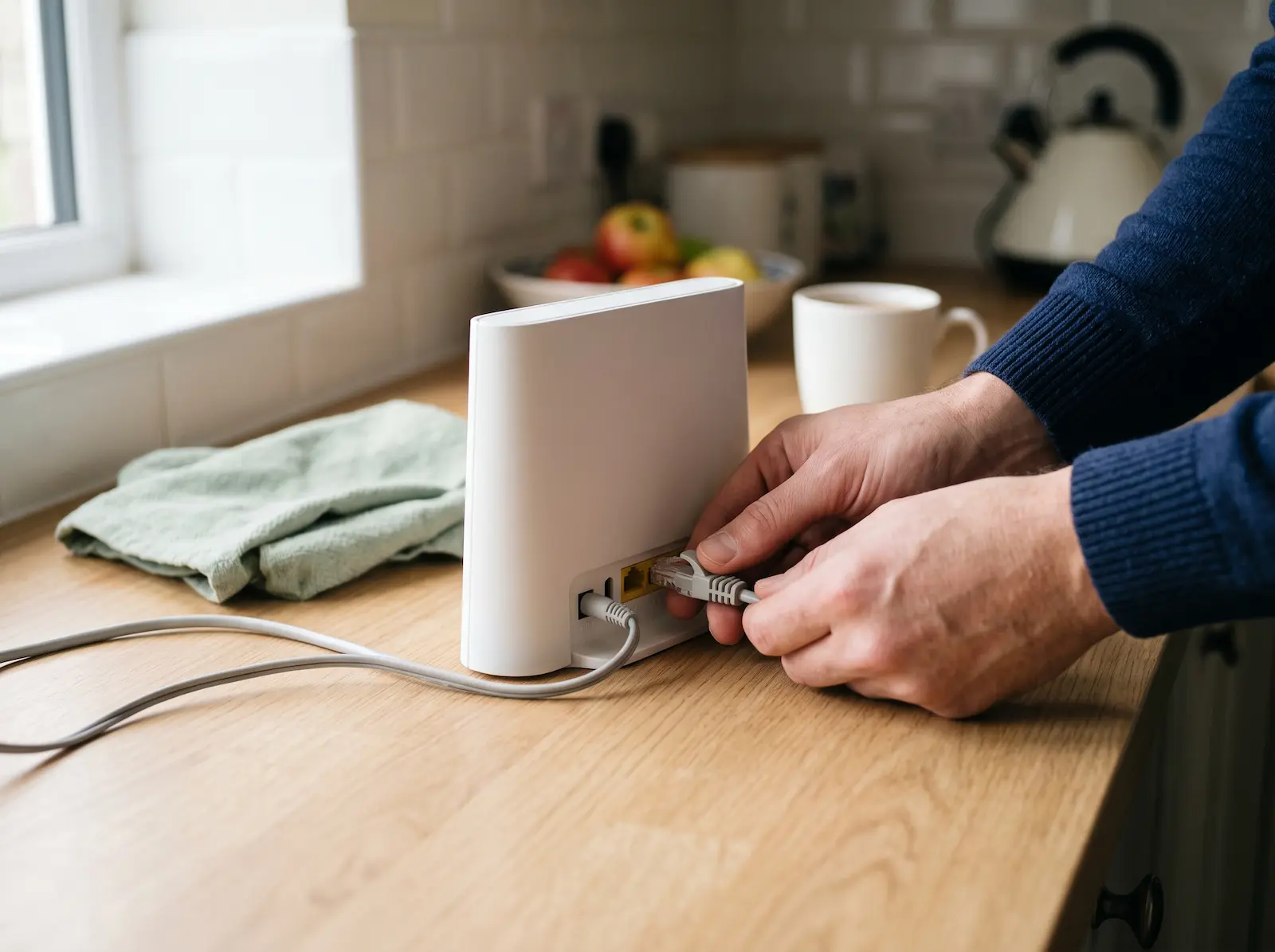 Hands plugging a cable into a home broadband router